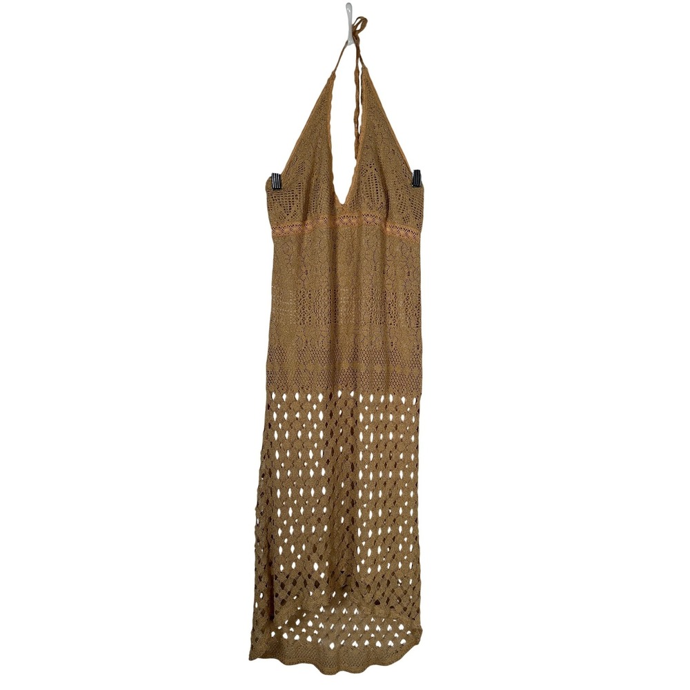 Vintage Y2K Brown Crochet Halter Festival Dress Boho Beach Coverup Large